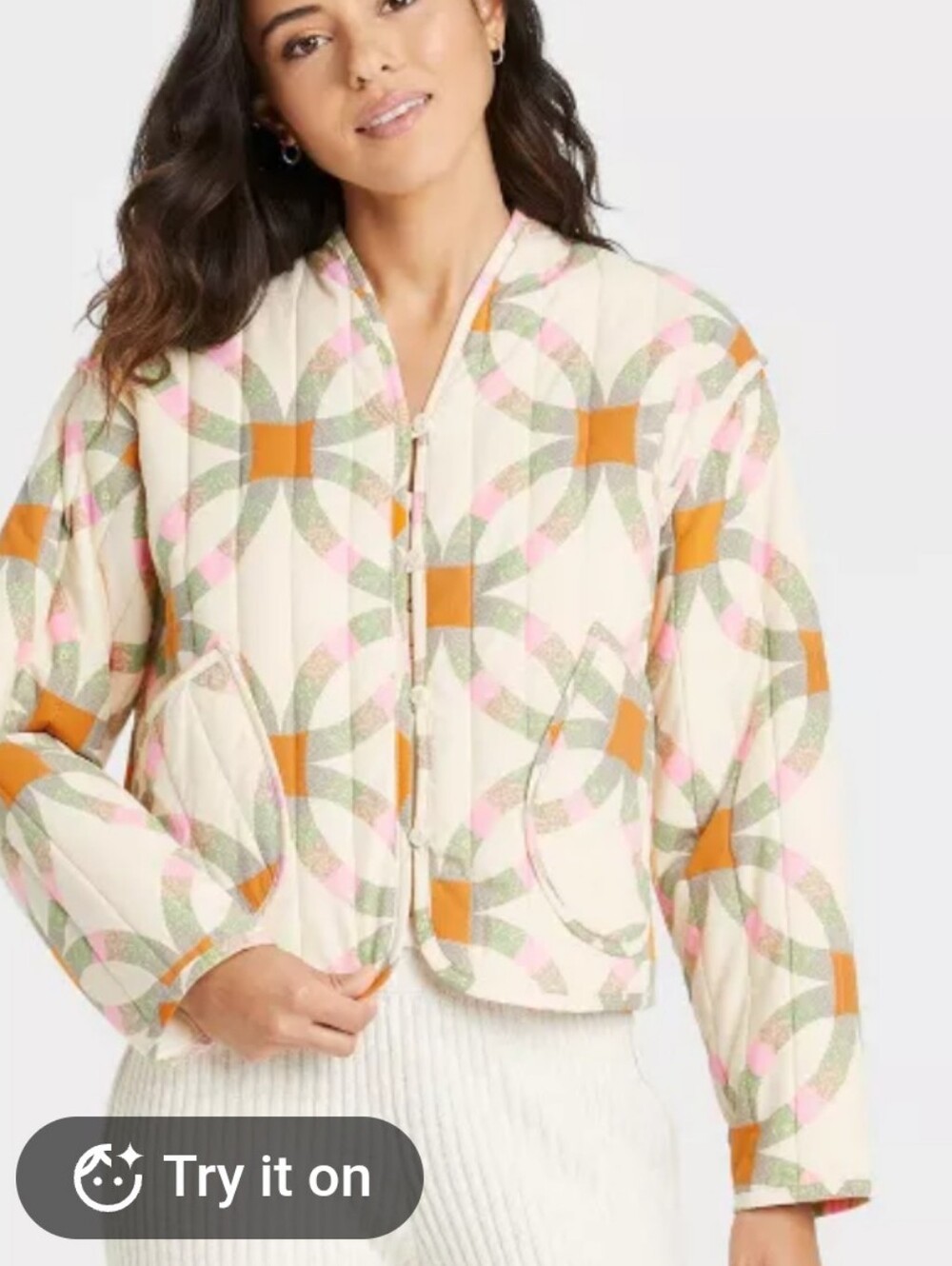 Universal Thread Quilted Patchwork Ivory Bomber Jacket Sz L Womens